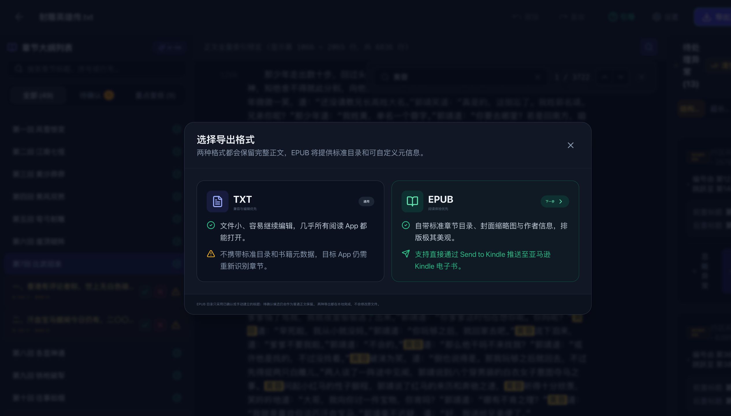 NovelLint 导出 TXT 或 EPUB 的格式选择弹窗
